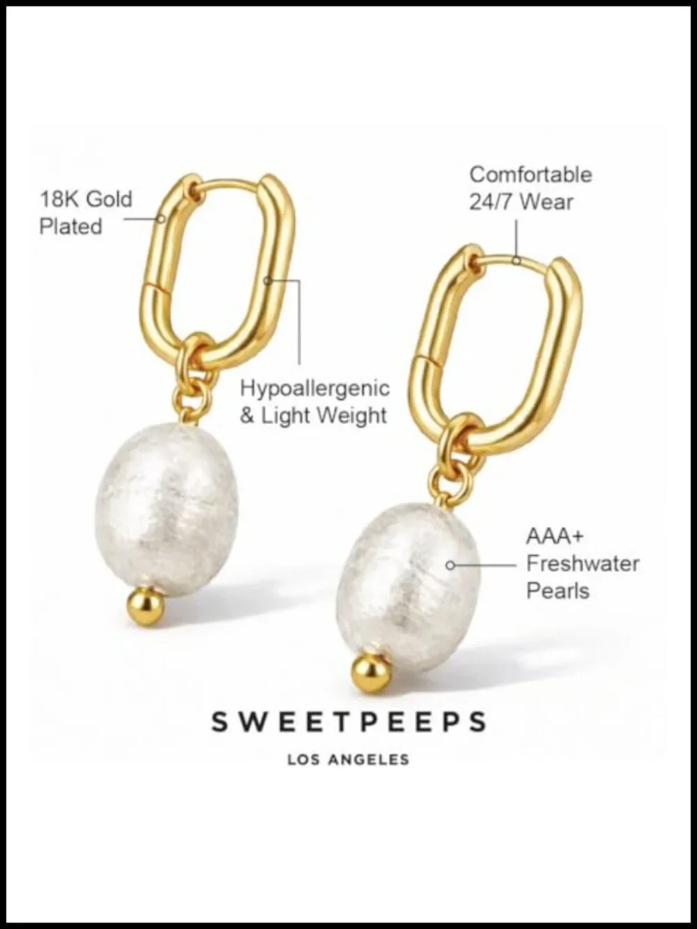 18K Gold Plated Pearl Drop Hoop Earrings Hypoallergenic Huggies